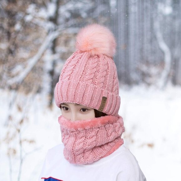 Womens Girls Winter Knit Beanie Hat and Scarf Set Warm Pom Pom Ski Set - Picture 6 of 7